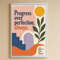 a child's bedroom with a white bookshelf, a stuffed rabbit, and a colorful poster on the wall. The poster features a sun and a plant, along with the text "Progress over perfection, always."