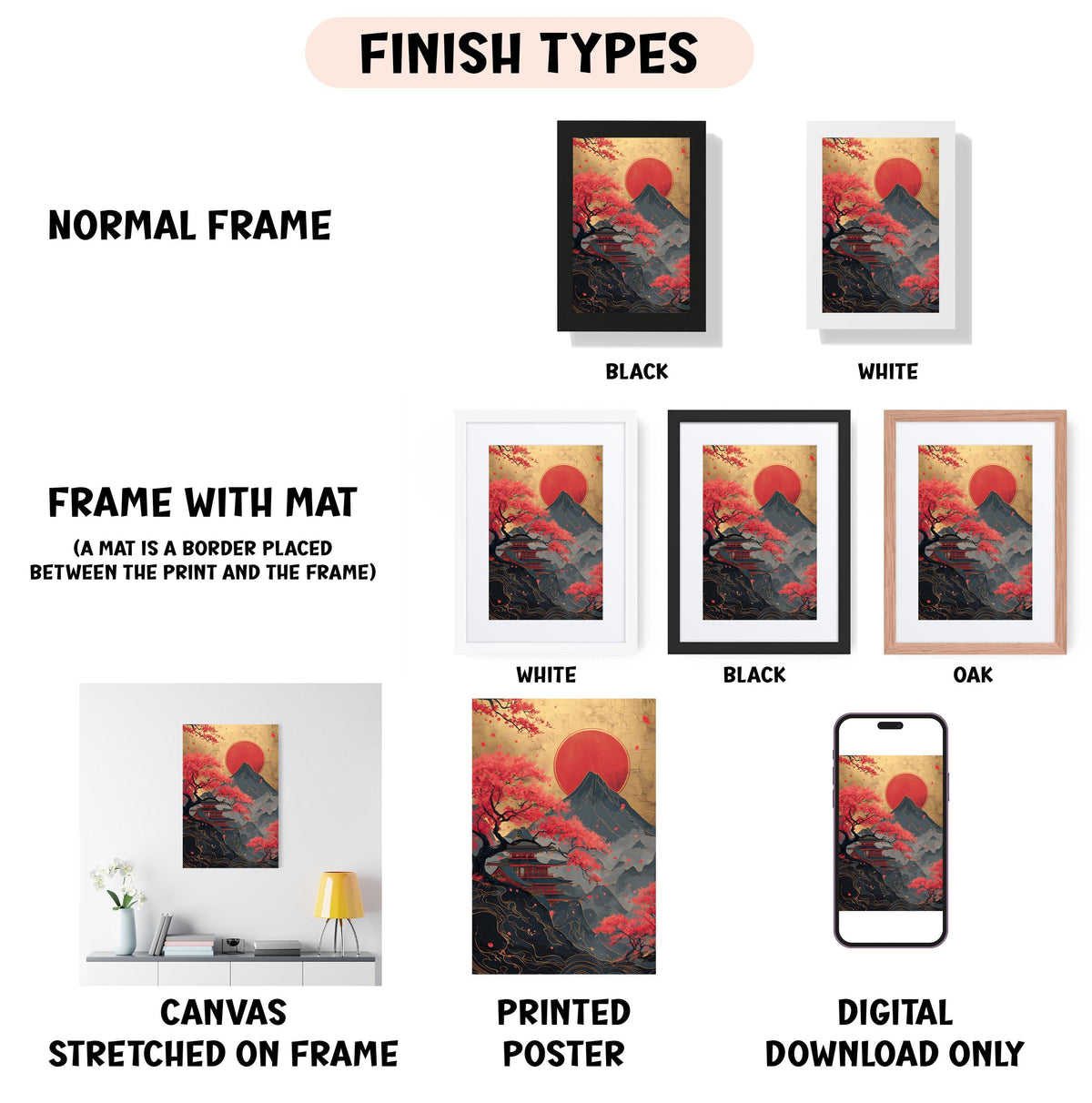 various types of artwork, including a canvas stretched on a frame, a framed poster, and a digital poster. The artwork is presented in different frame colors, such as black, white, and oak. The image also includes a description of the artwork, including its frame, size, and the materials used.