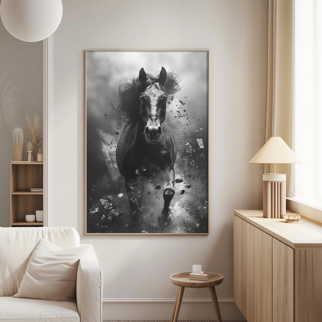 a large black and white photograph of a horse in motion, with a dramatic effect, hanging on a wall in a living room setting.