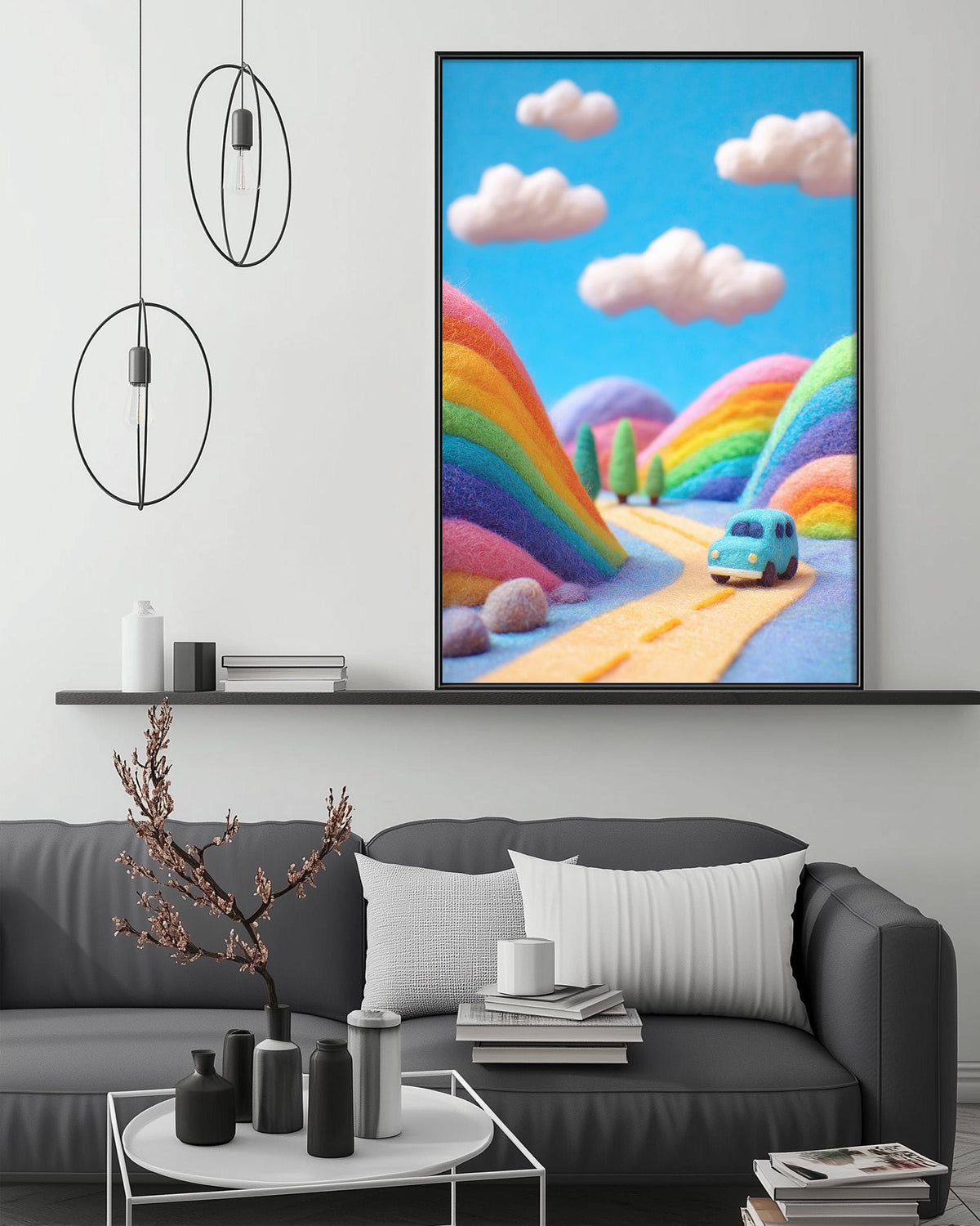 a cozy living room with a gray couch, a coffee table, and a large framed painting depicting a whimsical landscape with a rainbow-colored road and a blue car.