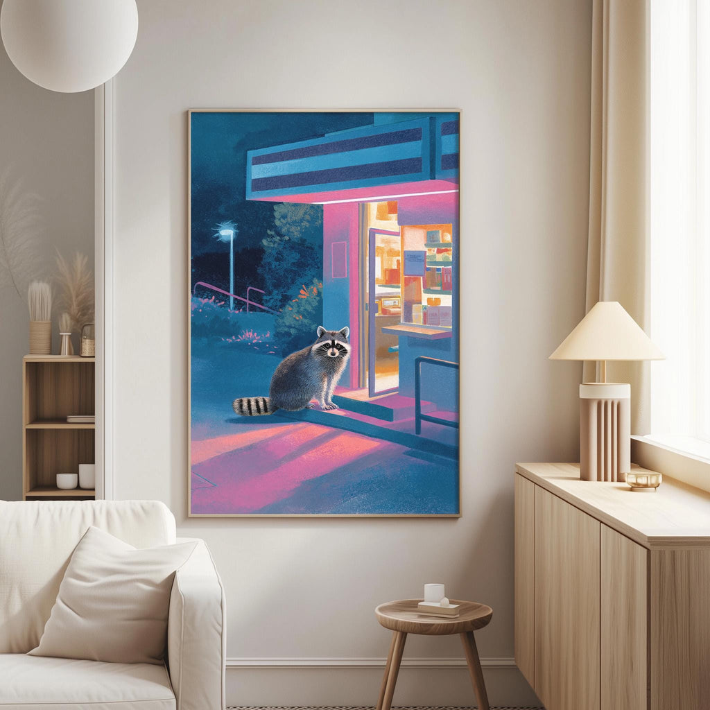 a raccoon sitting on a ledge outside a building at night, with colorful lights illuminating the scene.