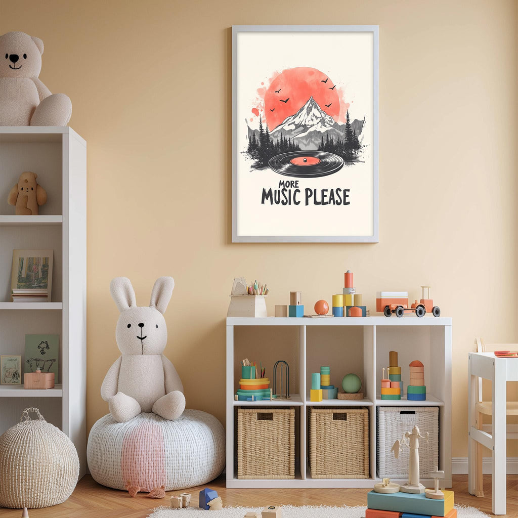 A child's bedroom with a white bookshelf, a stuffed rabbit, and a framed poster with a mountain landscape and the text "MORE MUSIC PLEASE" on the wall.