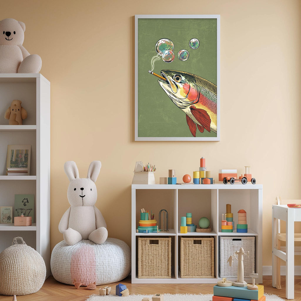 A child's bedroom with a white bookshelf, a stuffed rabbit, and a colorful fish painting on the wall.