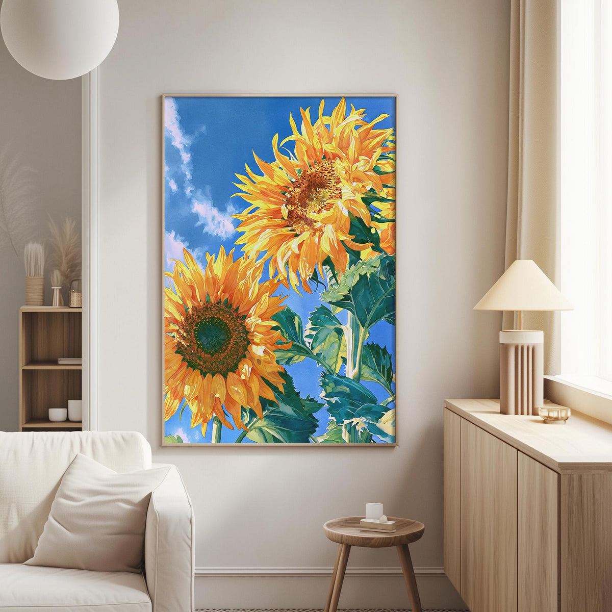 a large painting of two vibrant sunflowers on a wall, with a cozy living room setting in the background.