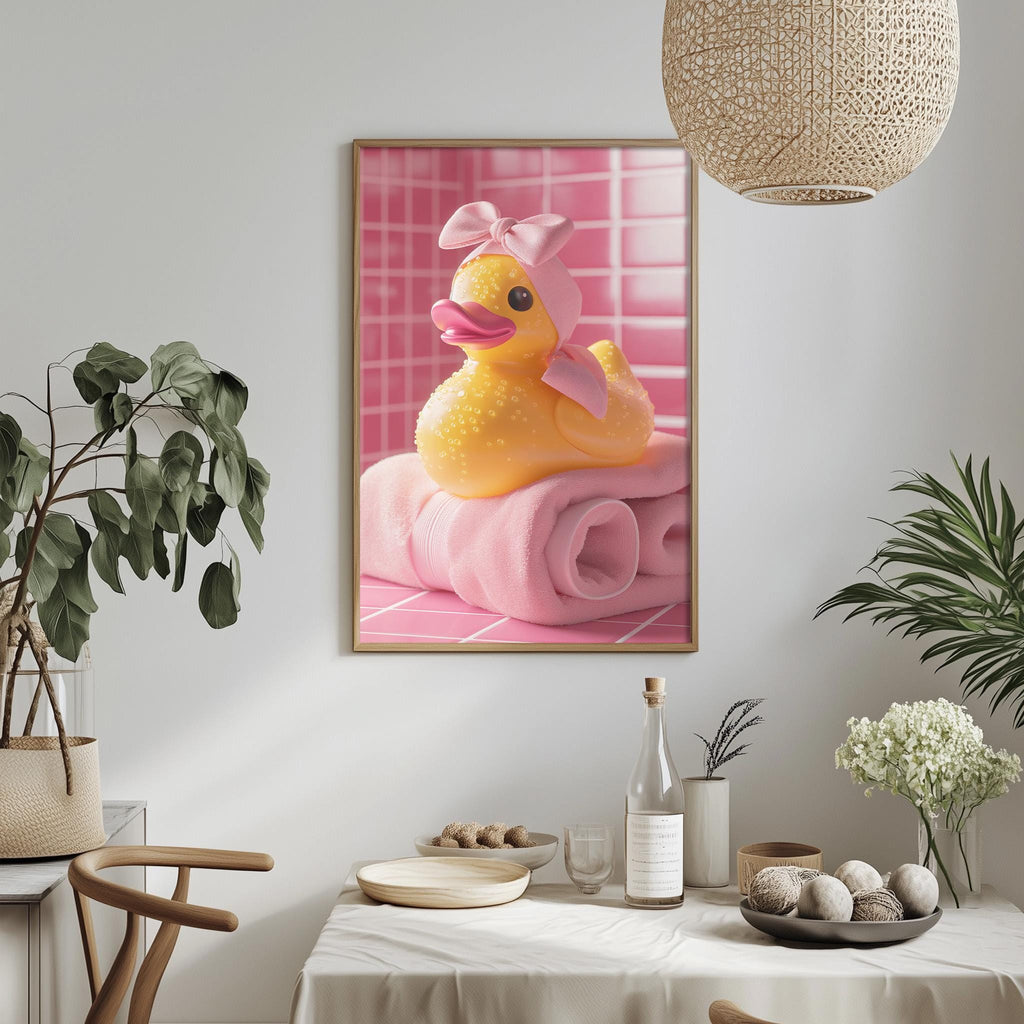a framed picture of a yellow rubber duck sitting on a pink towel, surrounded by various decorative elements such as potted plants, vases, and bowls.