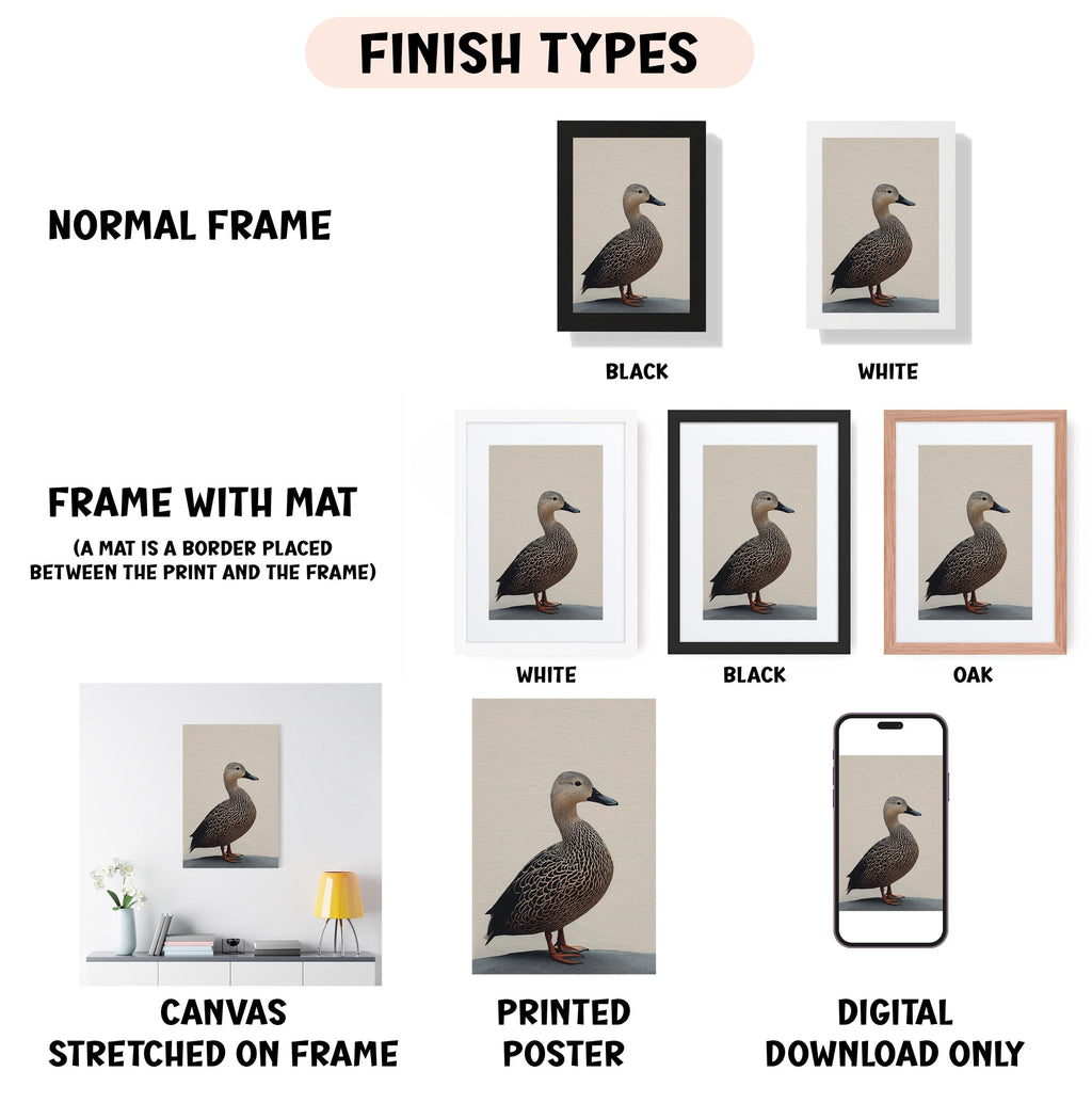 various types of artwork, including a canvas stretched on a frame, a framed photograph, and a digital poster. The artwork is presented in different frame colors and styles, such as a normal frame, a black frame, a white frame, and an oak frame. The artwork is also described as a canvas stretched on a frame, a printed poster, and a digital download only. The image is a collage of multiple images, and the text provides information about the different frame types and the artwork displayed.
