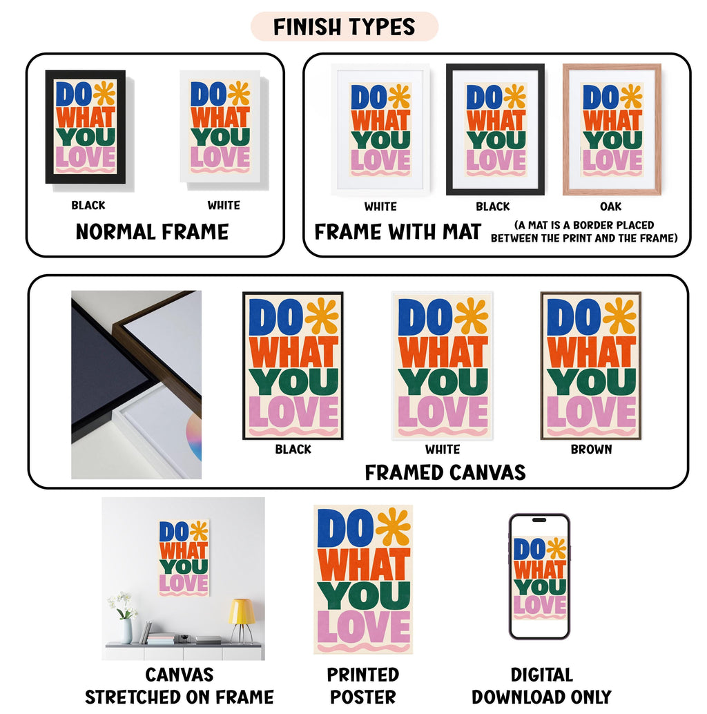 various images of the same design, including a framed canvas, a stretched canvas, a printed poster, and a digital download. The images showcase different finishes and styles of the "Do What You Love" design, with some in black, white, and others in a mat frame. The text "FINISH TYPES" is displayed above the images, and the text "NORMAL FRAME" and "FRAME WITH MAT" are below the images. The text "CANVAS STRETCHED ON FRAME" and "PRINTED POSTER" are also present in the image.