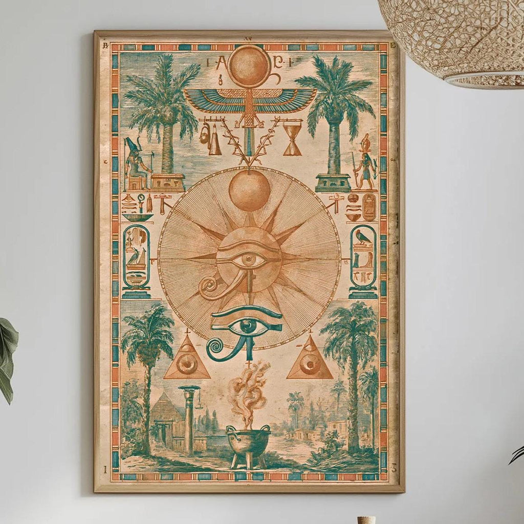 a dining table with a white tablecloth, a bowl of fruit, a bottle, and a vase with flowers. Above the table, there is a framed poster with an intricate design and various symbols. The room also includes potted plants and a hanging light fixture, creating a cozy and inviting atmosphere.