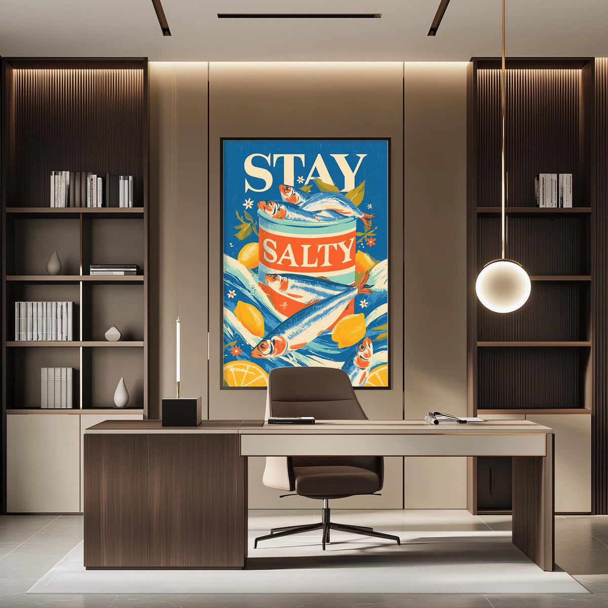 a modern office space with a large framed poster on the wall that says "STAY SALTY". The office has a wooden desk, a chair, and a bookshelf filled with books.
