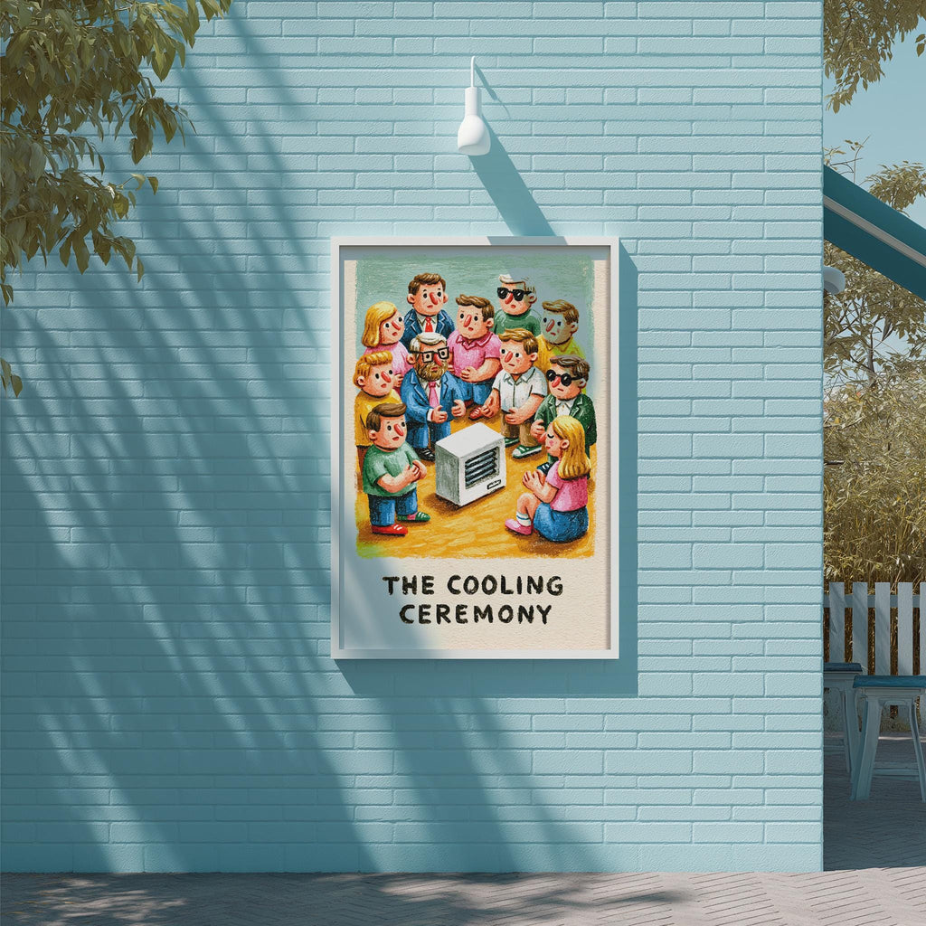 The image is a framed poster with a cartoon illustration of a group of people gathered around a small white object, which appears to be a cooling device, possibly a fan or air conditioner. The poster is mounted on a blue wall, and there is a tree visible in the background.