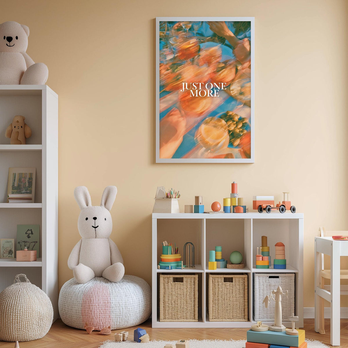 A child's bedroom with a white bookshelf, a stuffed rabbit, and a colorful poster on the wall. The room also contains various toys and storage bins.