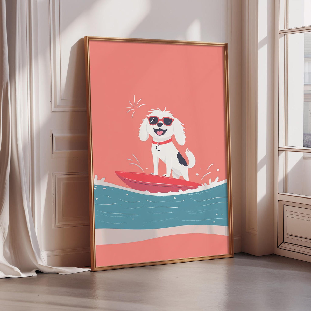 A framed illustration of a dog surfing on a red surfboard, wearing sunglasses and riding a wave.
