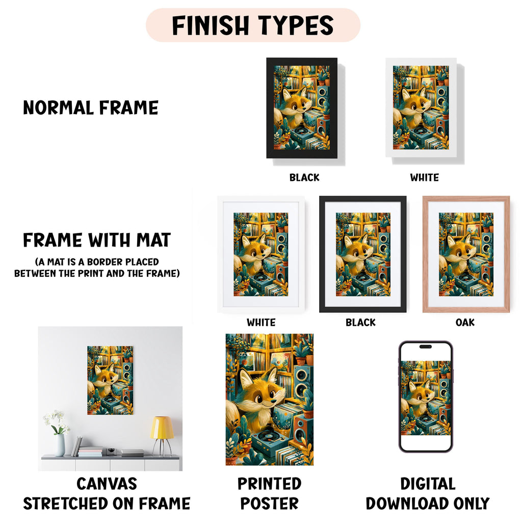 various types of artwork, including a framed print, a canvas stretched on a frame, a poster, and a digital download. The artwork is presented in different frame colors and styles, such as a normal frame, a black frame, a white frame, and an oak frame. The artwork is described as a mat placed between the print and the frame, and it is a canvas stretched on a frame. The artwork is also categorized as a printed poster and a digital download only.