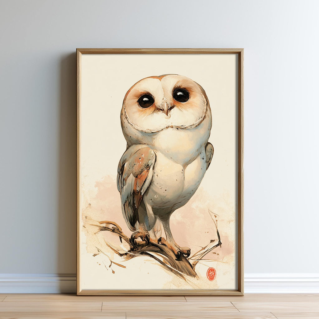 The image is a framed painting of a barn owl perched on a branch.