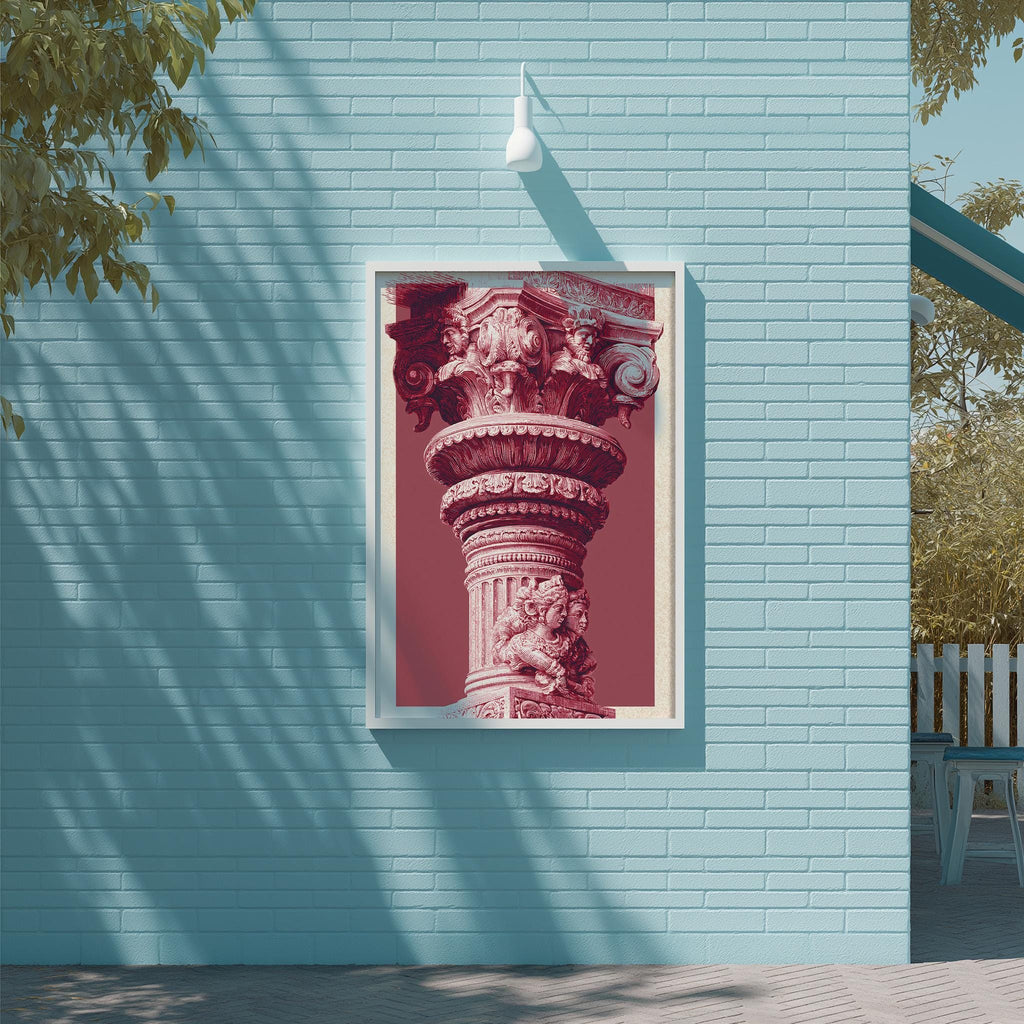 a large, ornate column with intricate carvings and statues, mounted on a blue wall.