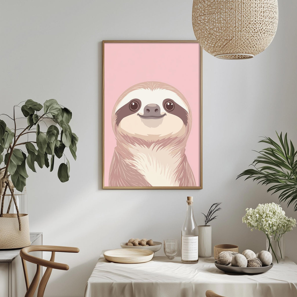 a dining table with a bowl of fruit, a bottle, and a vase of flowers, along with a framed picture of a sloth hanging on the wall.