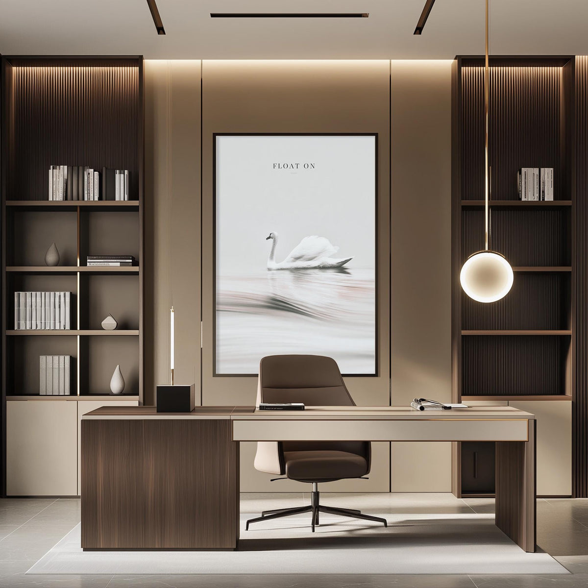 a modern and stylish office space with a large framed artwork of a swan on the wall, a wooden desk with a chair, and built-in bookshelves.