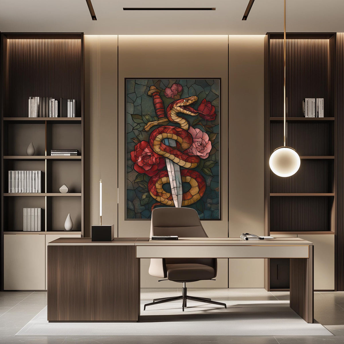 a modern and stylish office space with a large, colorful painting of a snake and flowers on the wall. The office features a wooden desk, a comfortable chair, and a bookshelf filled with books. The overall design and decor create a visually appealing and functional workspace.