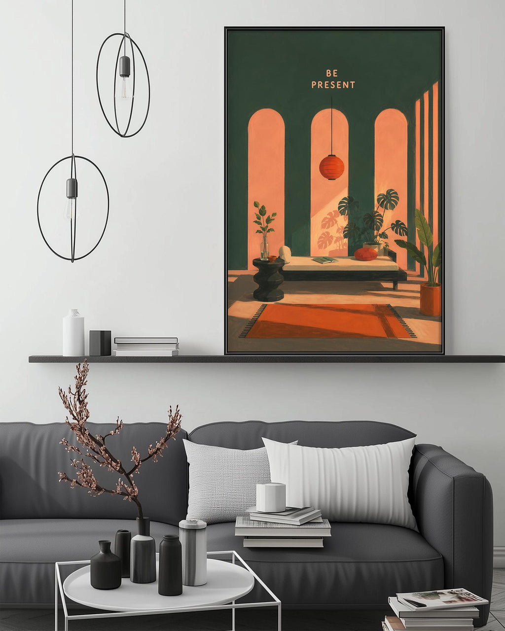 a modern living room with a gray sofa, a coffee table, and a large framed poster of a tropical scene hanging on the wall.