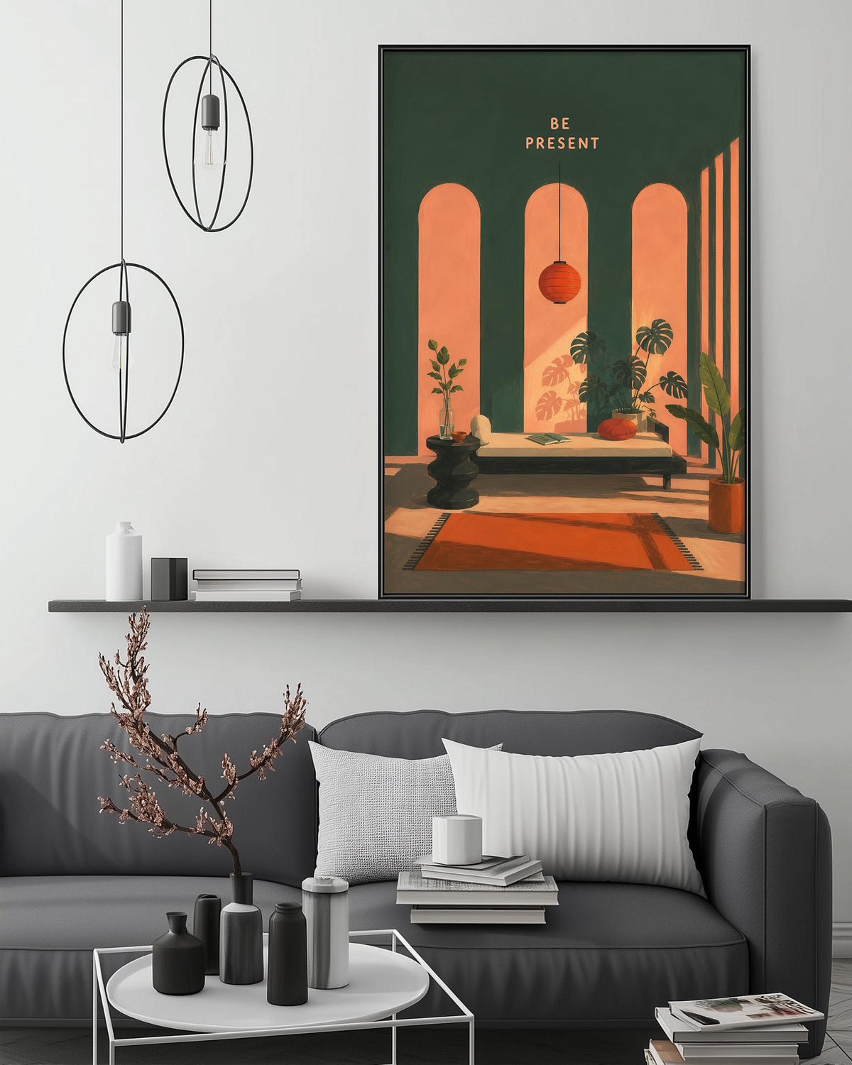 a modern living room with a gray sofa, a coffee table, and a large framed poster of a tropical scene hanging on the wall.