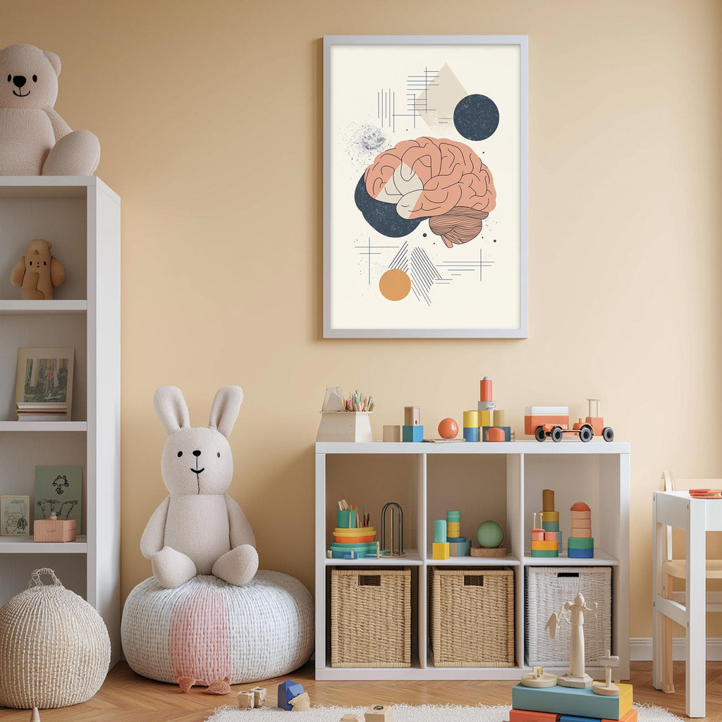 a cozy and colorful children's bedroom with a large stuffed rabbit, a bookshelf filled with toys, and a framed artwork of a brain on the wall.