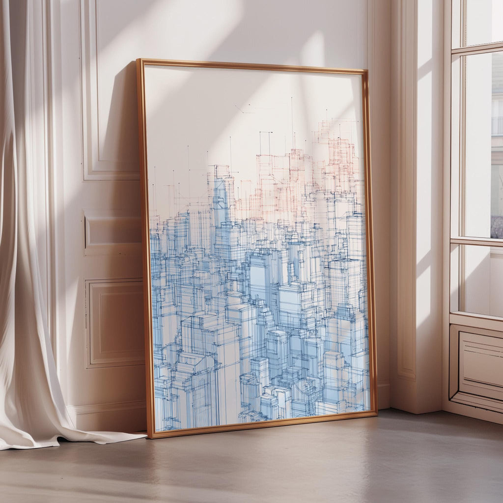 a large, framed artwork depicting a cityscape with a city skyline in the background.