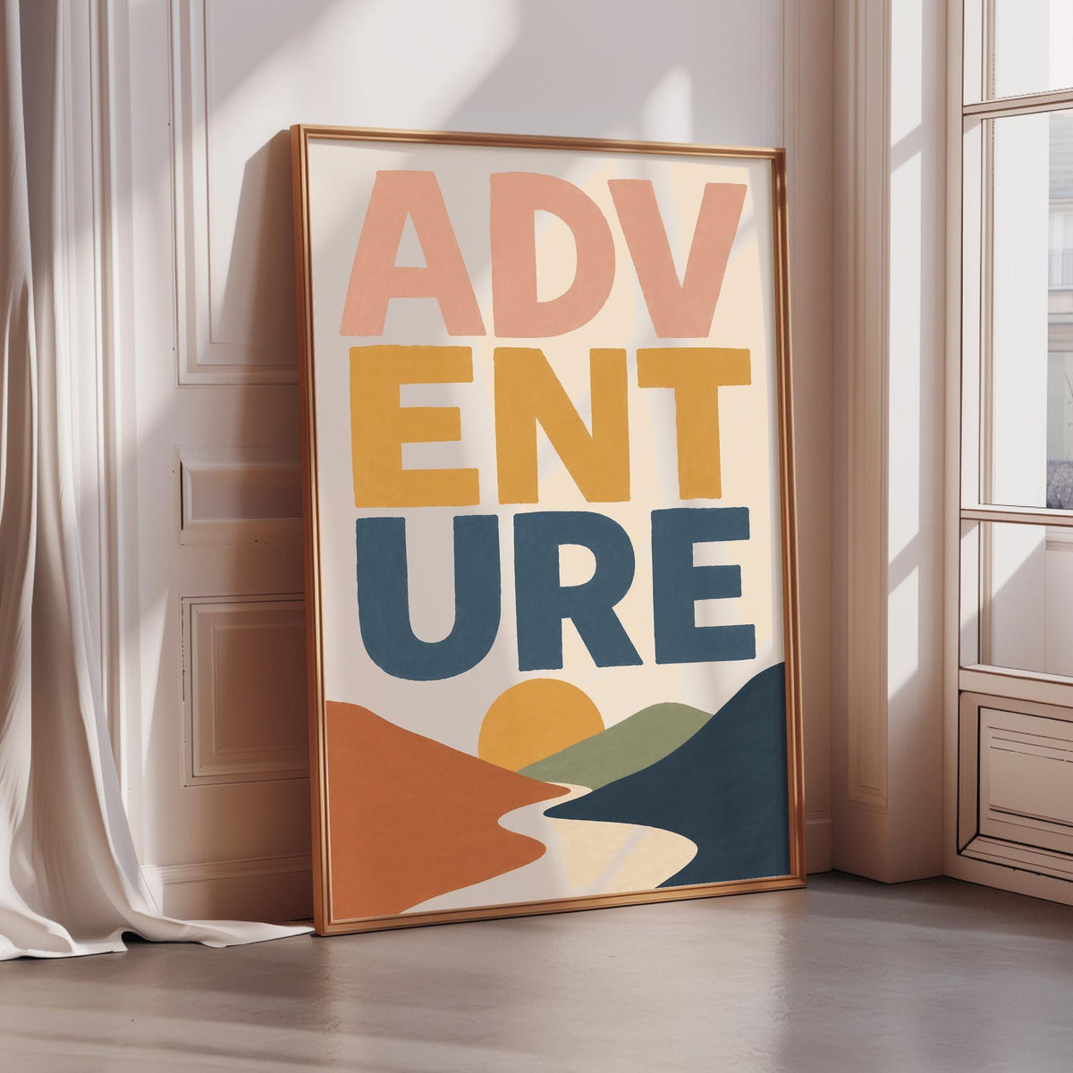 a poster with the text "ADVENTURE" in bold, colorful letters.