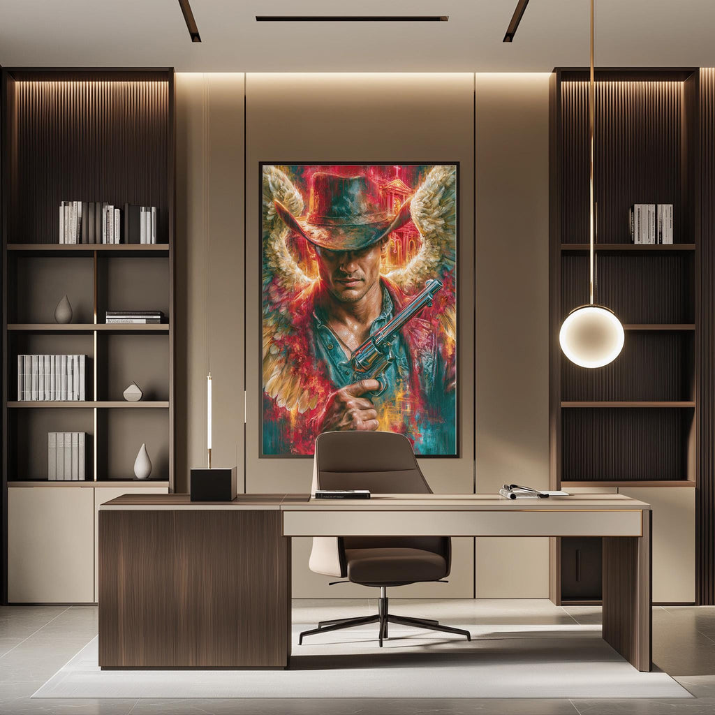 a modern office space with a large painting of a man in a cowboy hat and gun on the wall. The office has a wooden desk, a chair, and a bookshelf. The overall design and decor suggest a professional and stylish workspace.
