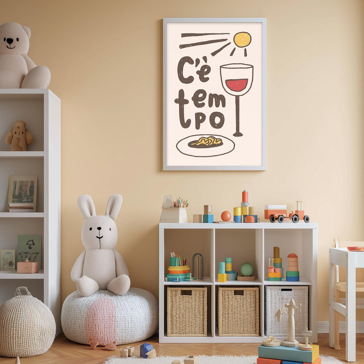 A cozy children's room with a white bookshelf, a plush rabbit, and a colorful toy box filled with toys. Above the bookshelf, there is a framed poster with a whimsical illustration and text.