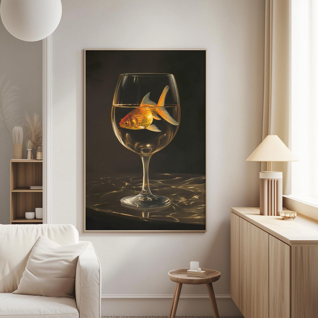 a goldfish swimming in a wine glass, which is placed on a table in a living room setting.