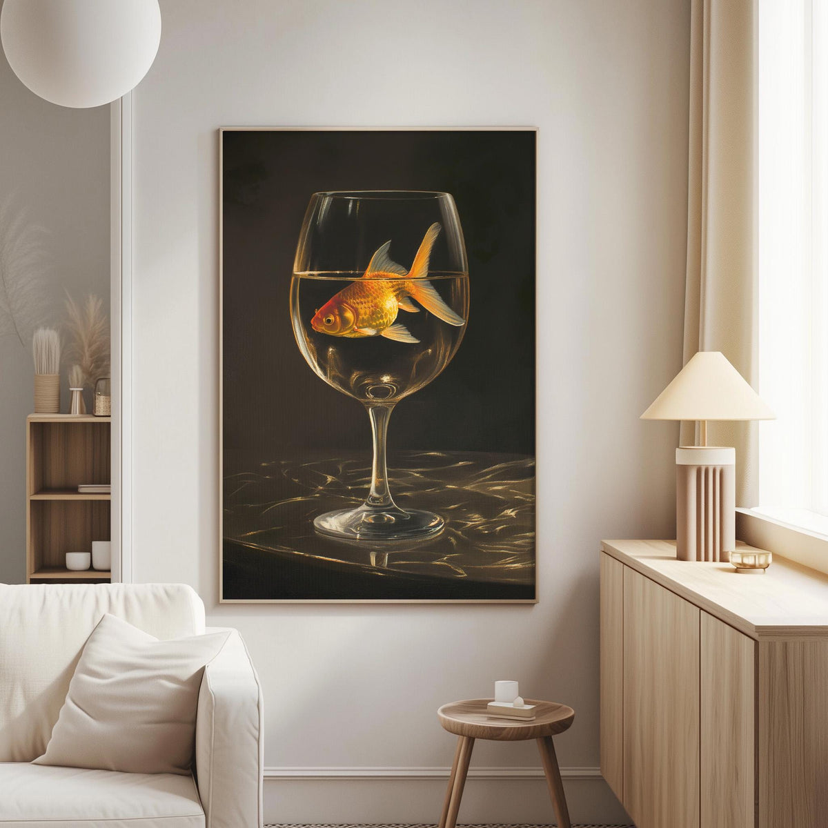 a goldfish swimming in a wine glass, which is placed on a table in a living room setting.