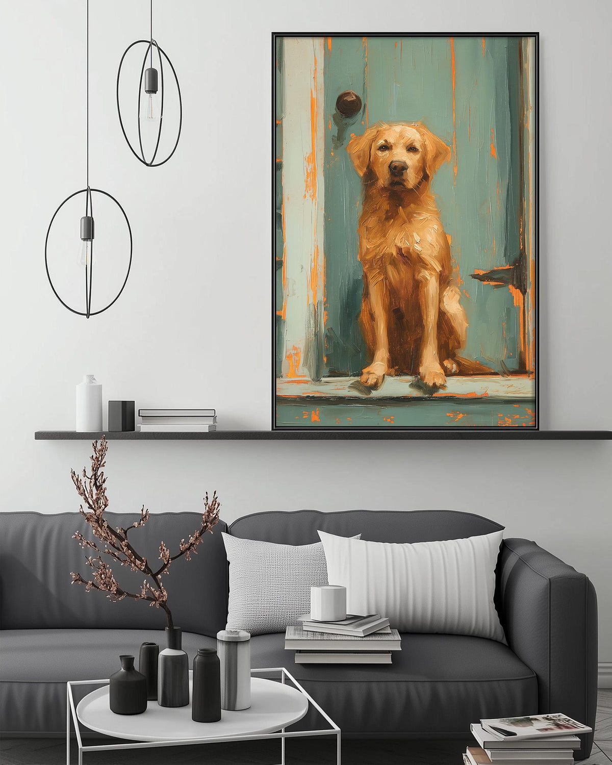 a large painting of a golden retriever dog sitting on a green door, hanging on a wall above a gray couch with white pillows.