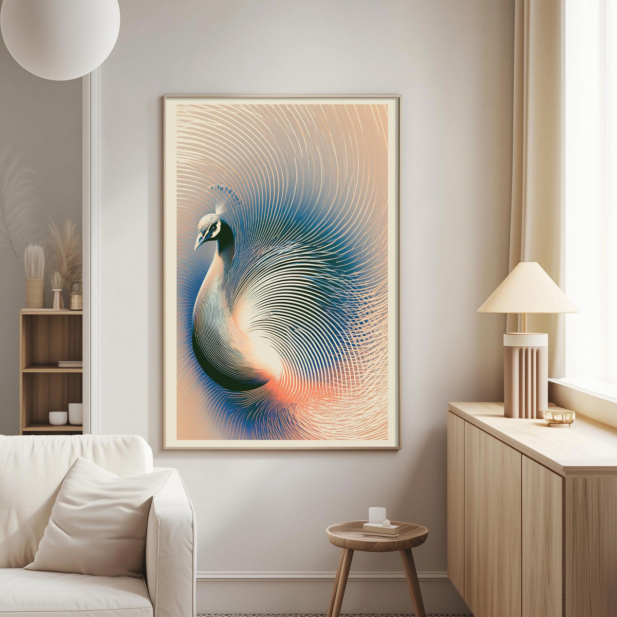 a large, colorful painting of a peacock displayed on the wall of a living room.