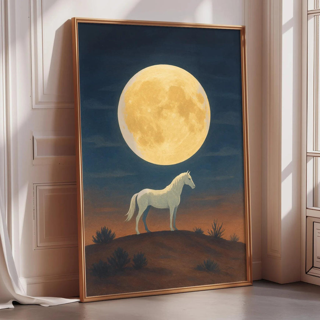 a large, golden moon in the night sky, with a white horse standing on a hill in the foreground.