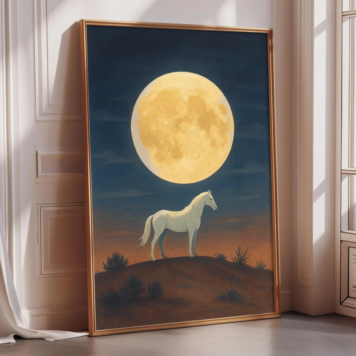 a large, golden moon in the night sky, with a white horse standing on a hill in the foreground.
