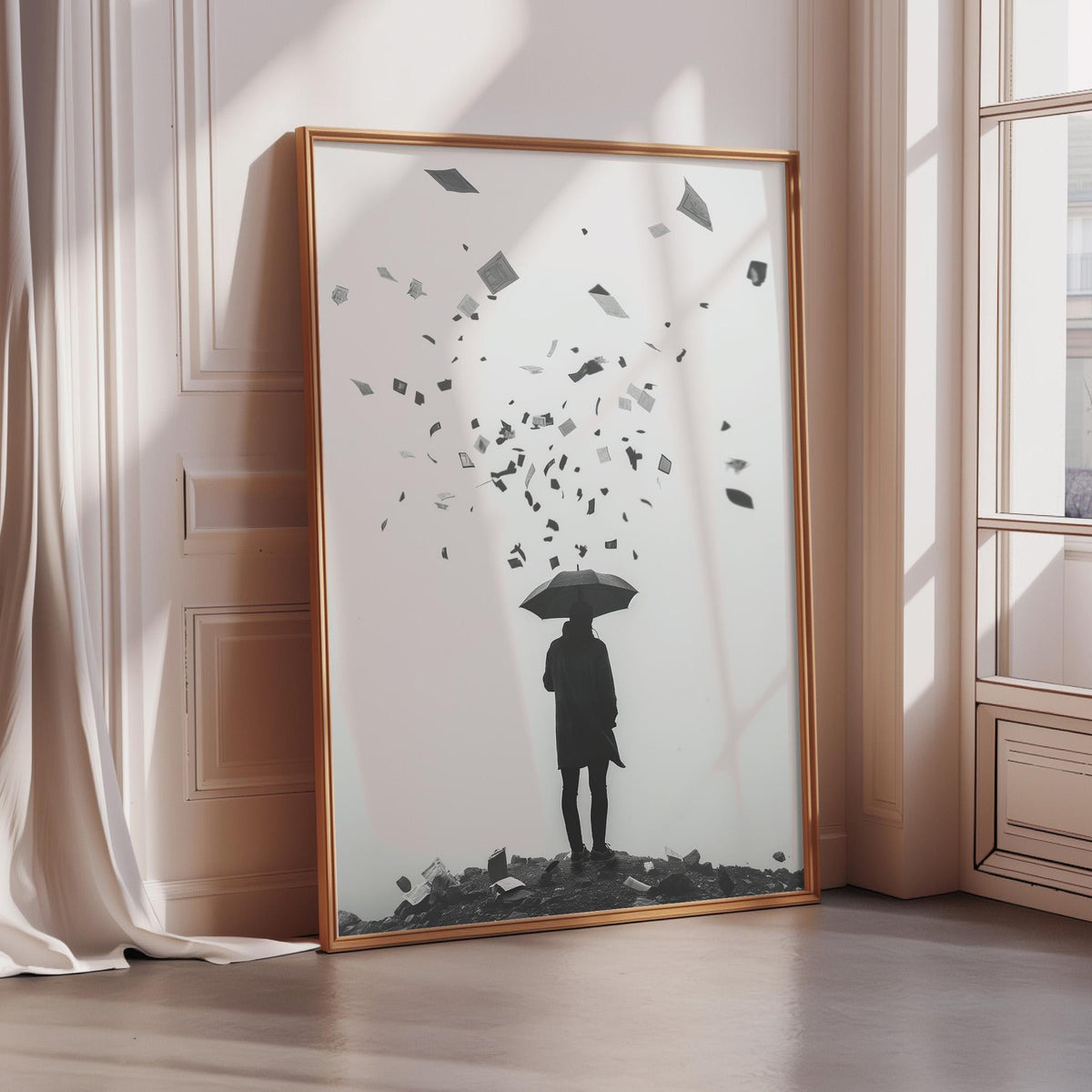 A framed black and white image depicting a person standing in the rain, holding an umbrella, with raindrops falling around them.