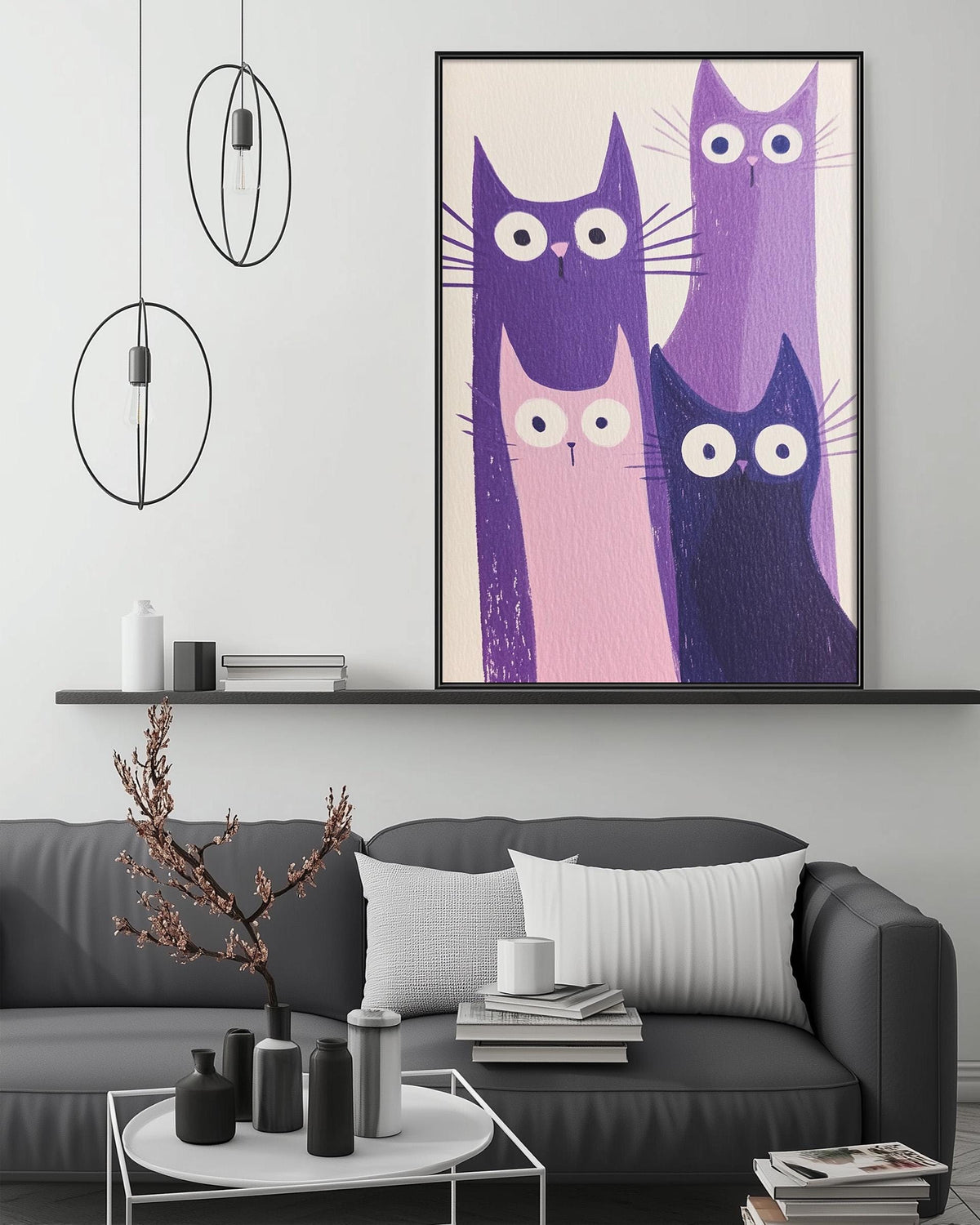 a modern living room with a gray sofa, a coffee table, and a large framed artwork of cats in purple and pink colors hanging on the wall above the sofa.