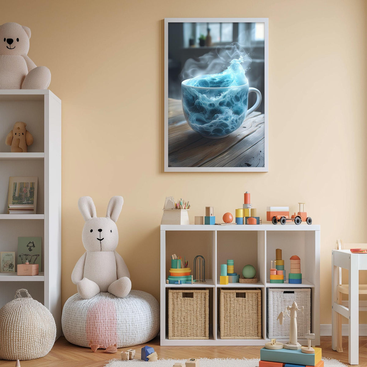A cozy children's room with a white bookshelf, a plush white bunny, and a colorful toy box filled with various toys. A framed image of a steaming cup of tea is displayed on the wall above the toy box.