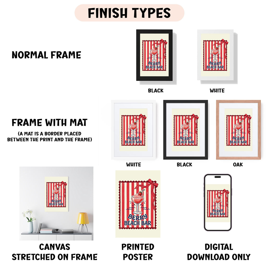 various framed artworks, including a poster, a canvas, and a printed poster, all featuring the same design. The artworks are presented in different frame colors and sizes, with a focus on the central design of a beach bar. The text "FINISH TYPES" is displayed above the artworks, indicating that these are different types of framed artworks.