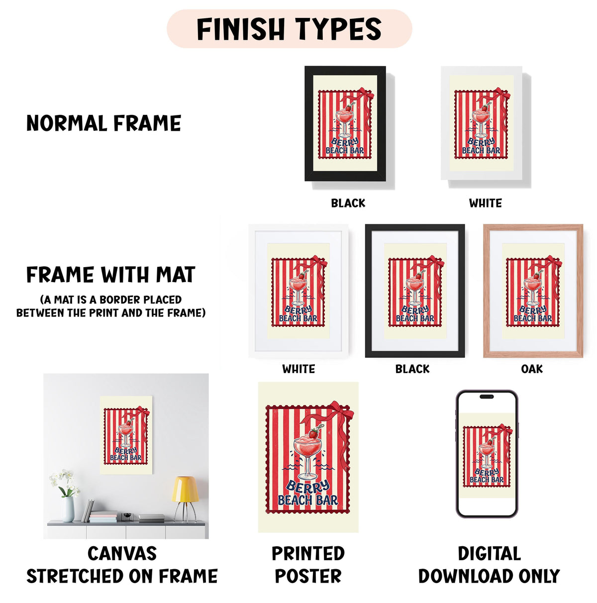 various framed artworks, including a poster, a canvas, and a printed poster, all featuring the same design. The artworks are presented in different frame colors and sizes, with a focus on the central design of a beach bar. The text "FINISH TYPES" is displayed above the artworks, indicating that these are different types of framed artworks.