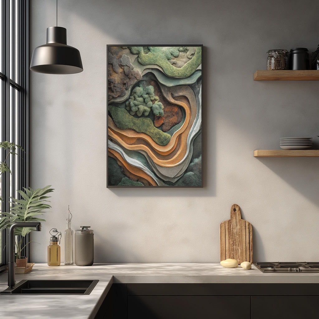 a modern kitchen with a large abstract painting hanging on the wall above a wooden cutting board and other kitchen items.