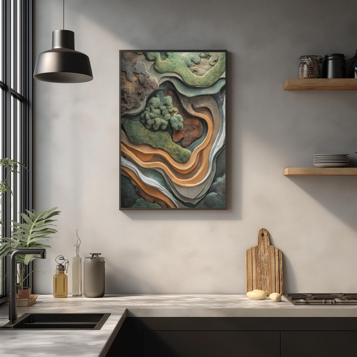 a modern kitchen with a large abstract painting hanging on the wall above a wooden cutting board and other kitchen items.