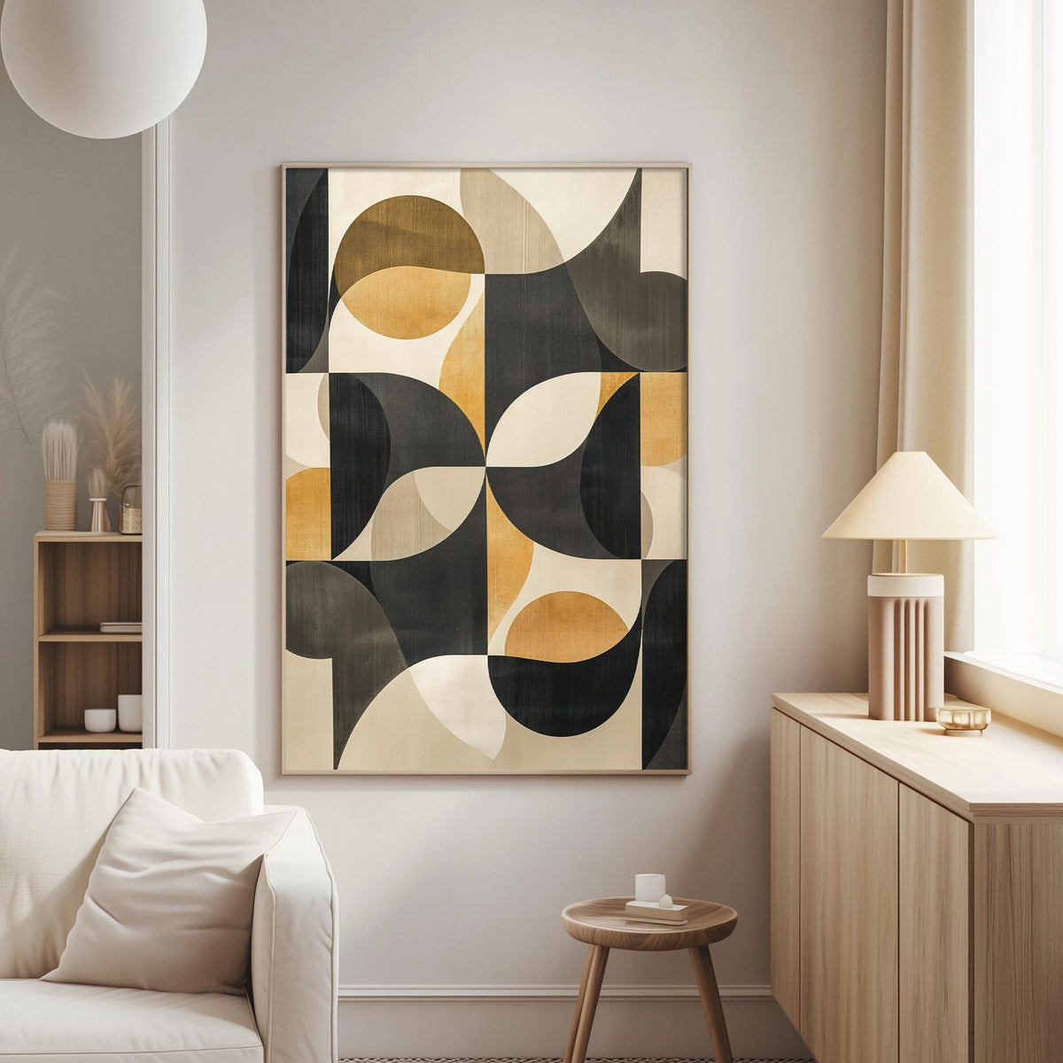 a modern living room with a large abstract painting hanging on the wall. The painting has a geometric design with various shades of black, orange, and beige. The room also includes a white sofa, a wooden side table, and a lamp on a wooden cabinet.