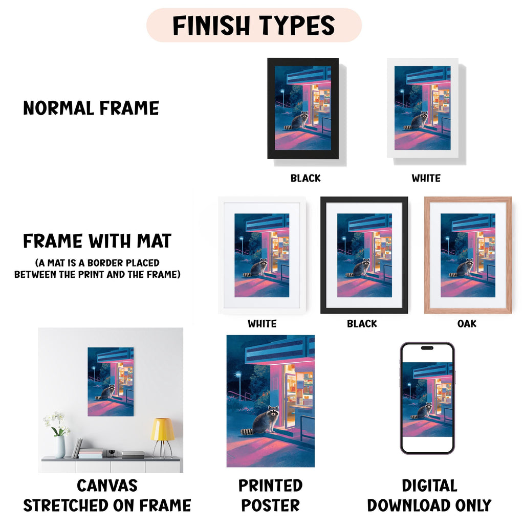 various types of artwork, including a canvas stretched on a frame, a framed poster, and a digital download. The artwork is presented in different frame colors and styles, such as a normal frame, a black frame, a white frame, and an oak frame. The artwork is also described as a frame with a mat, a white frame, a black frame, and a digital download only. The image is a collage of multiple images, and the text provides information about the artwork, including its frame and the type of presentation.