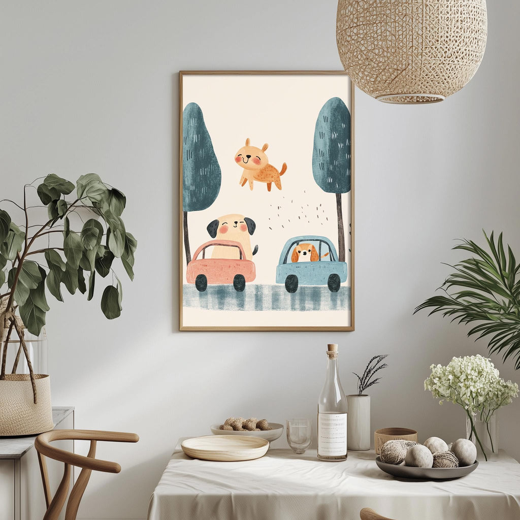 a cozy dining area with a table set for two, surrounded by potted plants and a hanging light fixture. A framed illustration of a dog and a car is displayed on the wall above the table, adding a playful touch to the space.