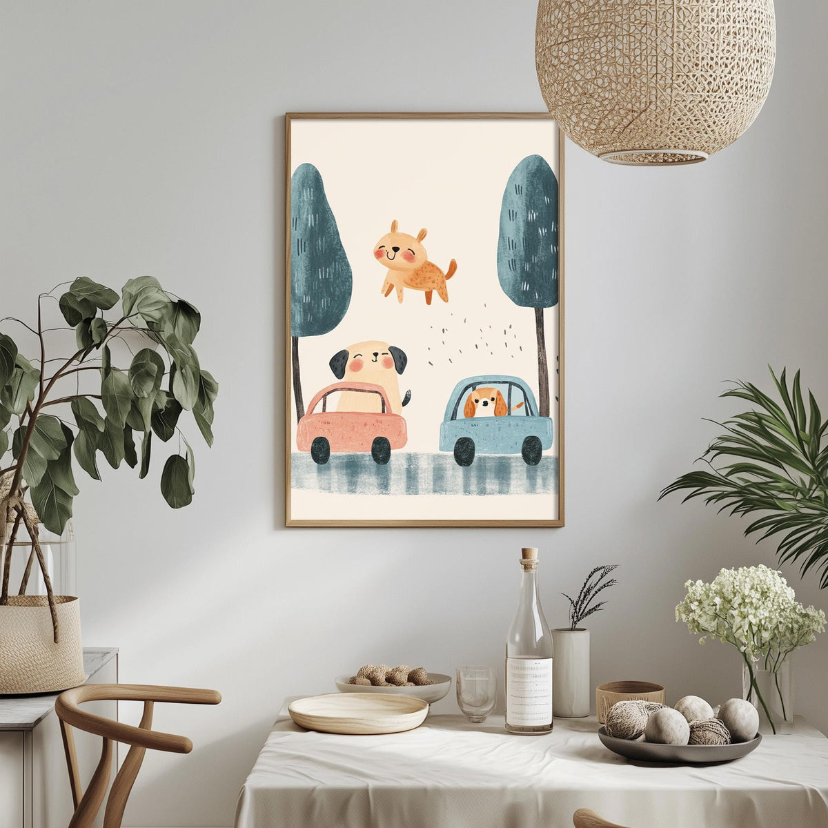 a cozy dining area with a table set for two, surrounded by potted plants and a hanging light fixture. A framed illustration of a dog and a car is displayed on the wall above the table, adding a playful touch to the space.