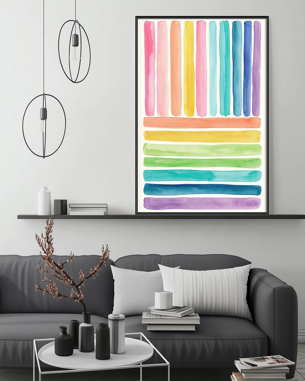 a modern living room with a gray sofa, a coffee table, and a large abstract painting hanging on the wall above the sofa.