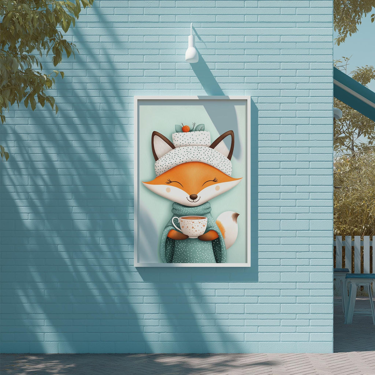 A framed illustration of a cartoon fox holding a cup of tea is displayed on a blue brick wall.