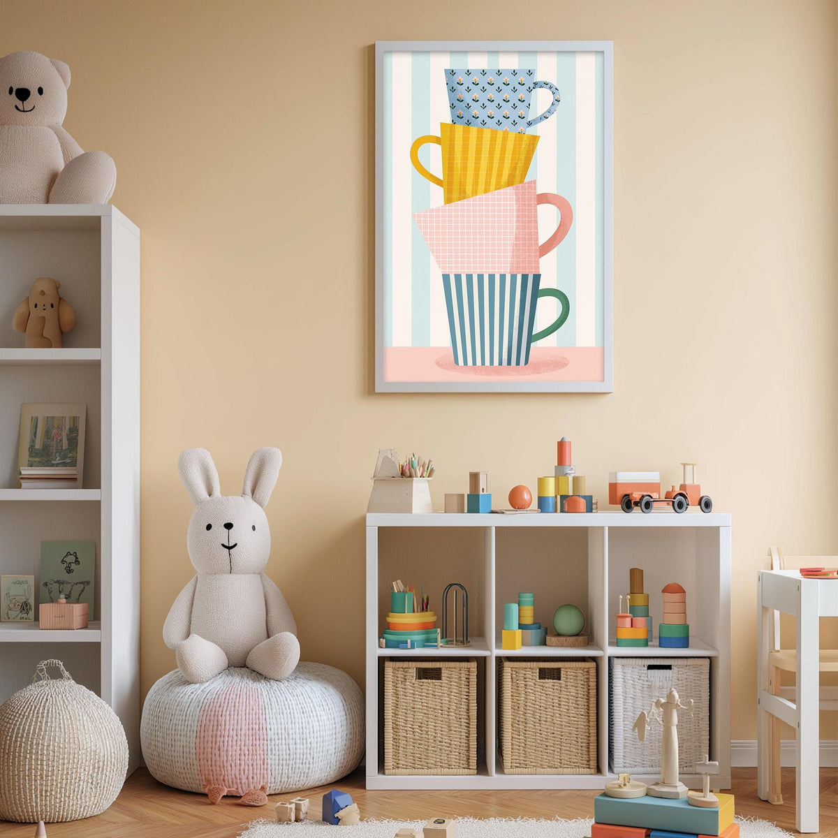 A cozy and colorful children's bedroom with a large stuffed rabbit, a bookshelf, and a toy storage unit filled with toys and books.