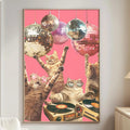 A collage of cats dancing and playing with disco balls in a pink background, with a record player and a lamp in the foreground.